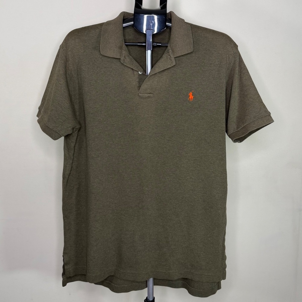 Polo Ralph Lauren Men's Large Olive Green Polo Shirt Orange Pony 100% Cotton